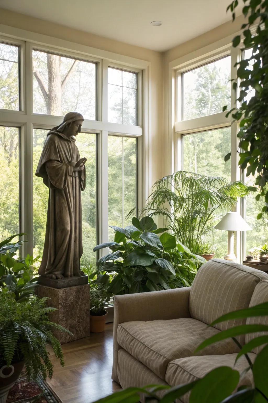 Greenery and religious statues create a tranquil and peaceful space.