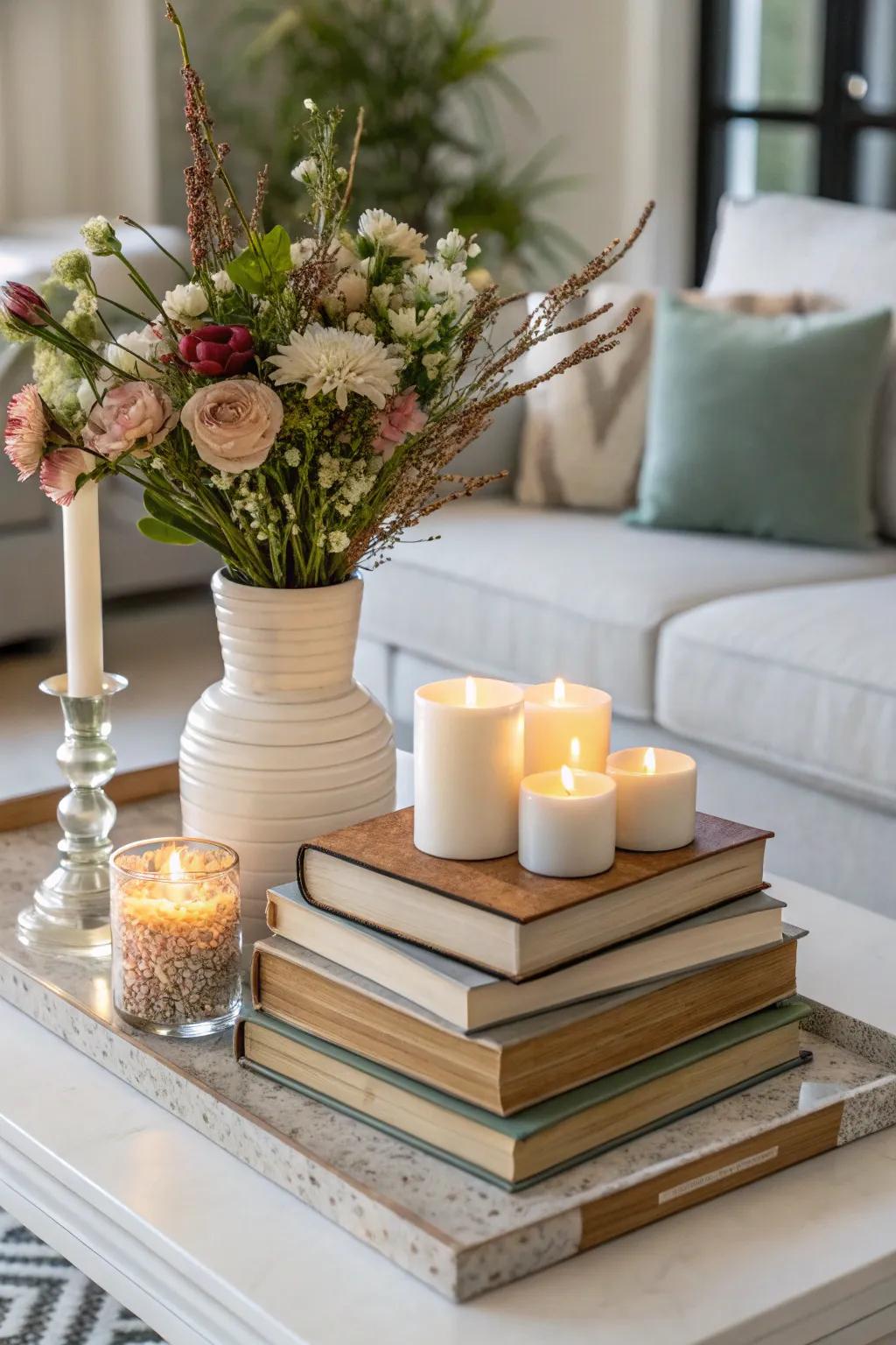 Layering a ceramic vase with books and candles adds depth to the décor.