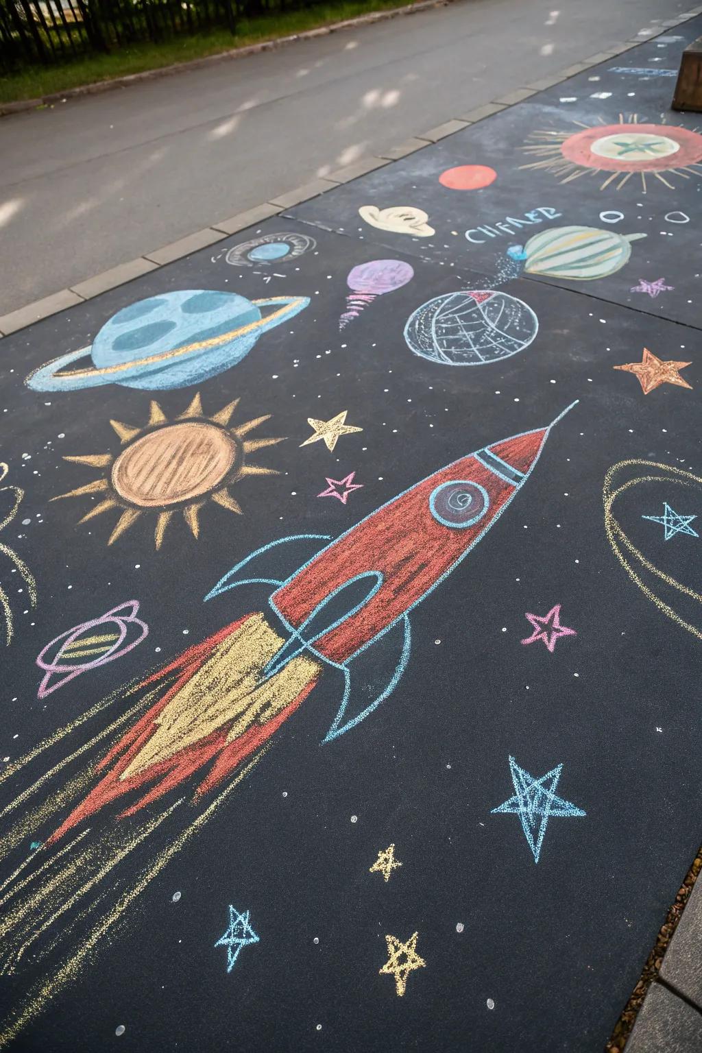 A thrilling space-themed crayon journey featuring rockets and stars.