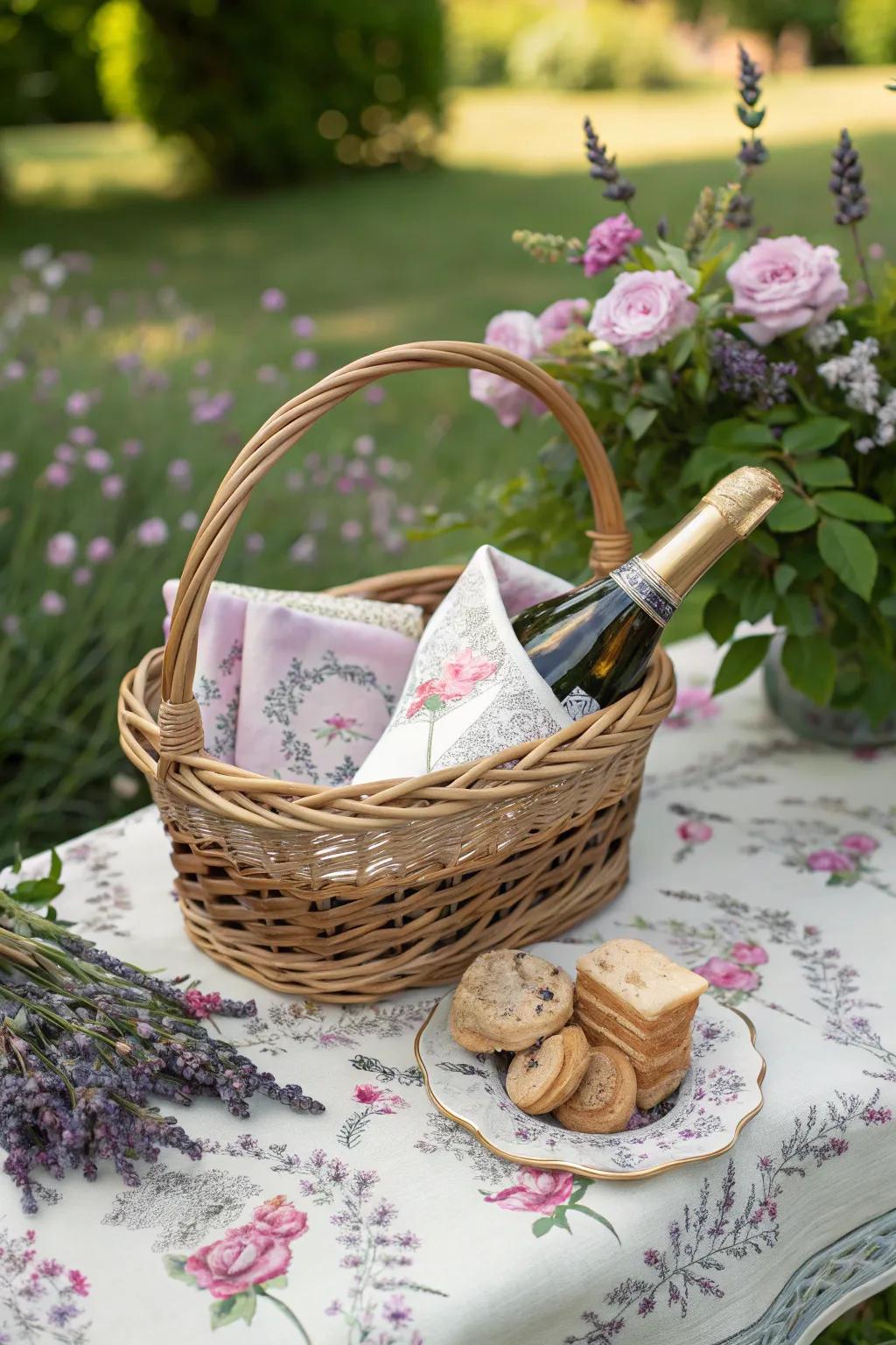 Outdoor Gathering with lavender shortbread and floral napkins.