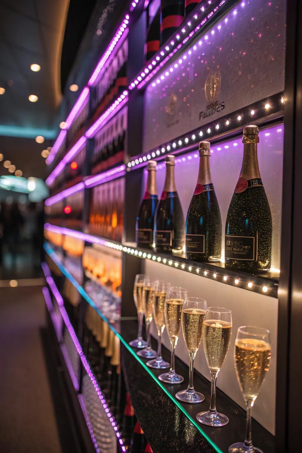 Dynamic lighting enhances the ambiance of this sparkling wine showcase.