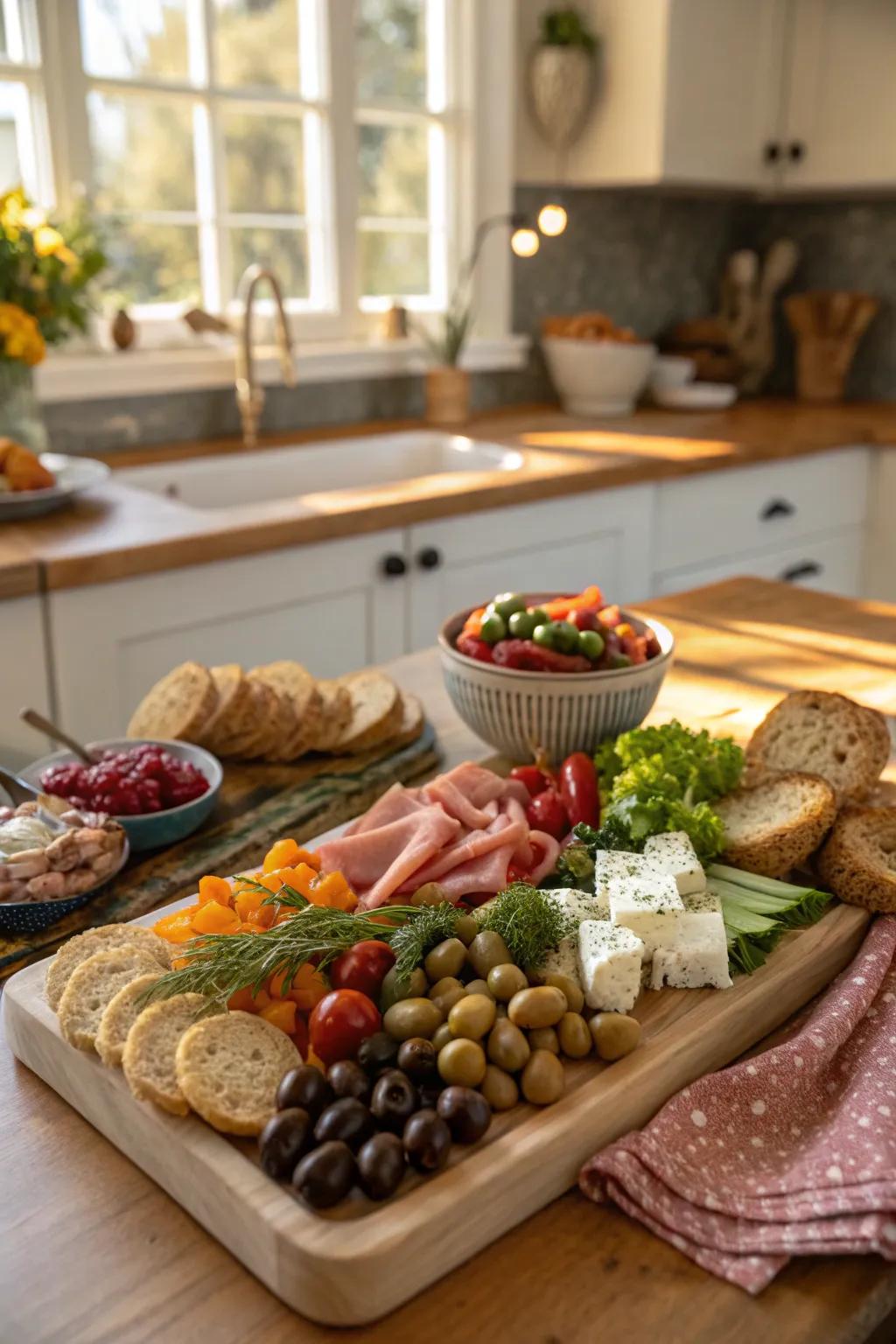 Mediterranean flavors on a charcuterie board.