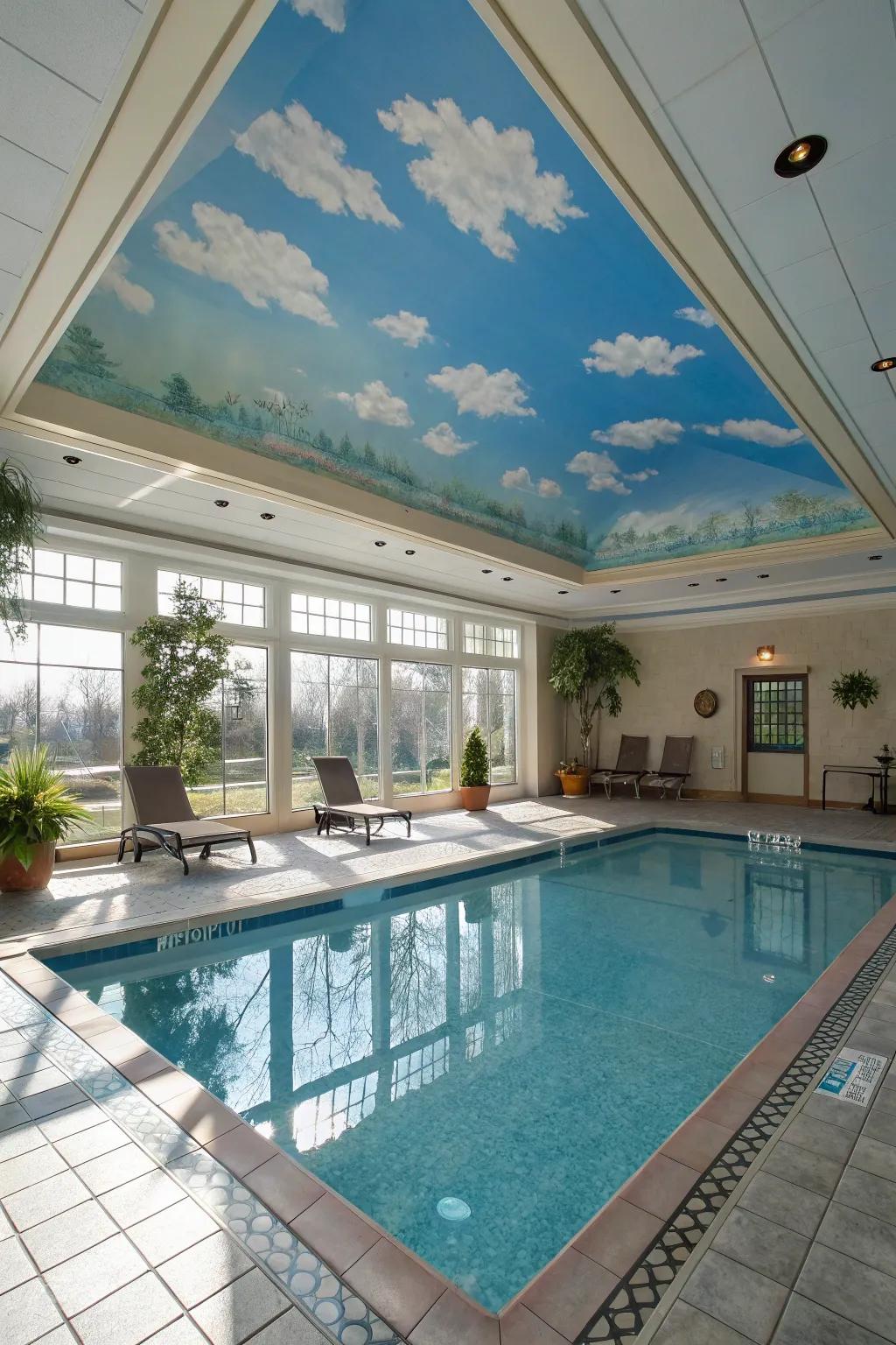 An overhead artwork introduces a whimsical touch to your pool area.