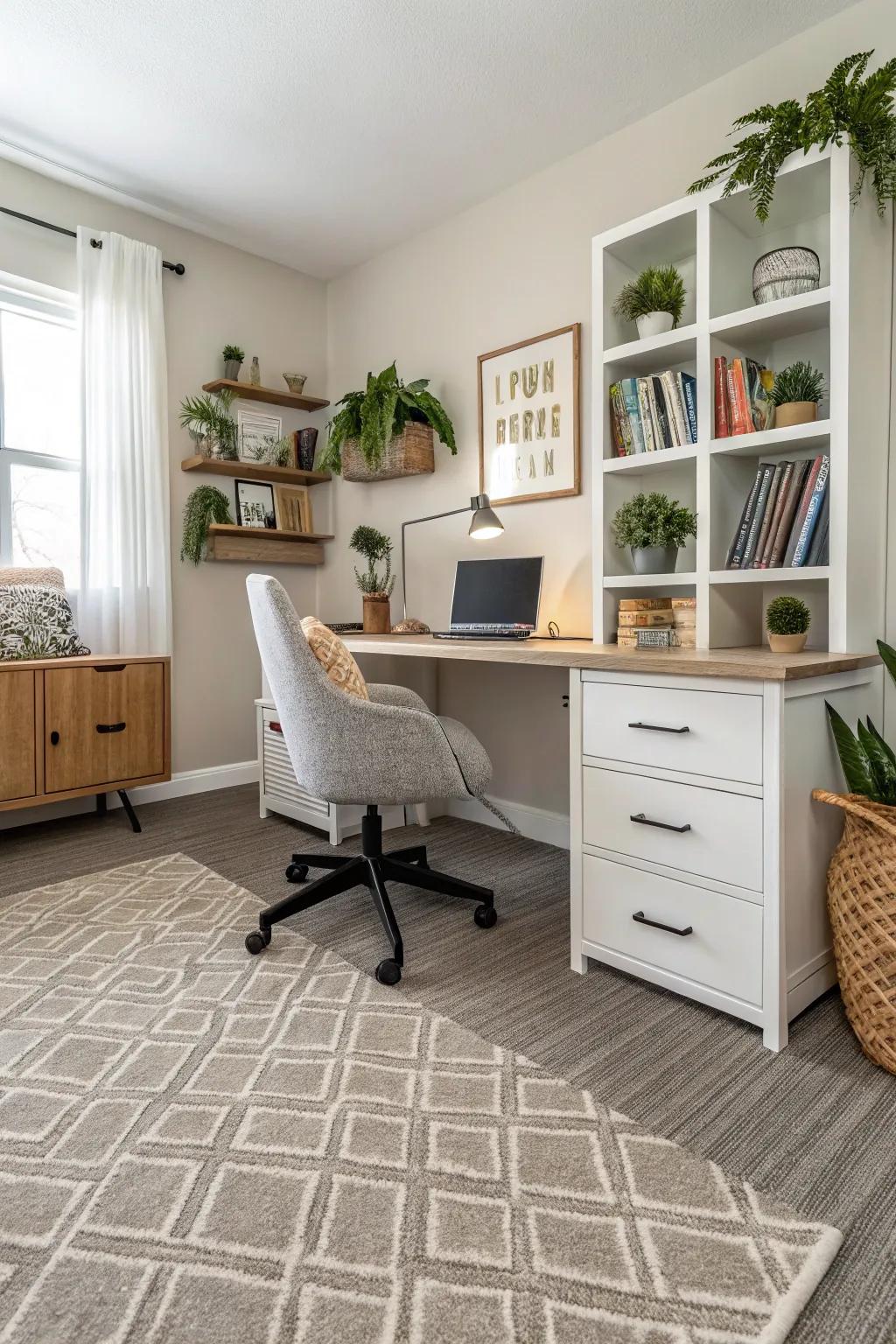 Adhesive carpet tiles offer a quick and cozy upgrade.