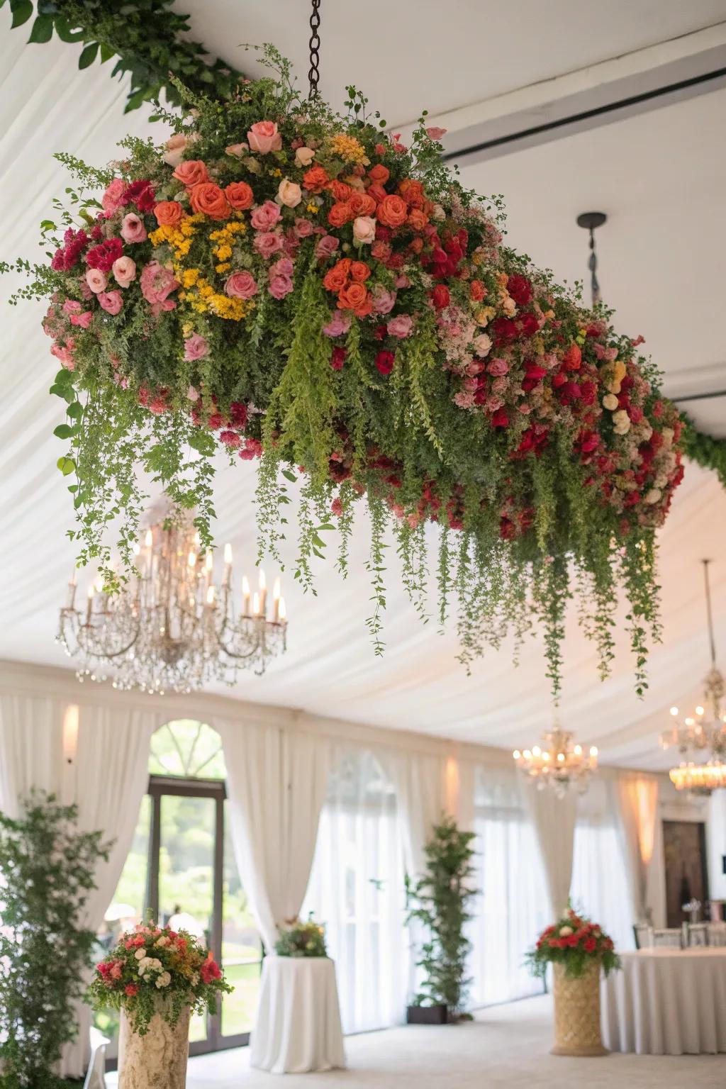 Dramatic and economical suspended floral decor for a wedding.