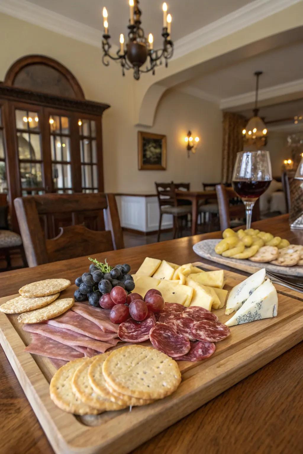 A cheese board enhanced with charcuterie.