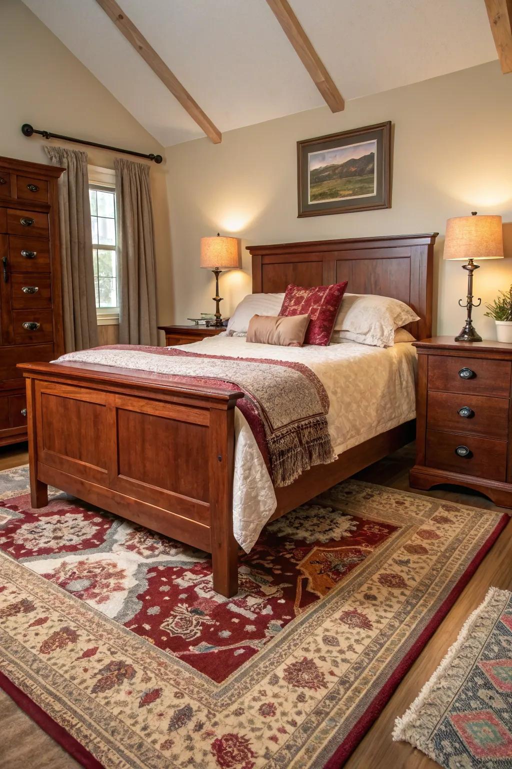 Layered rugs contributing texture and warmth to a cherry wood bedroom.