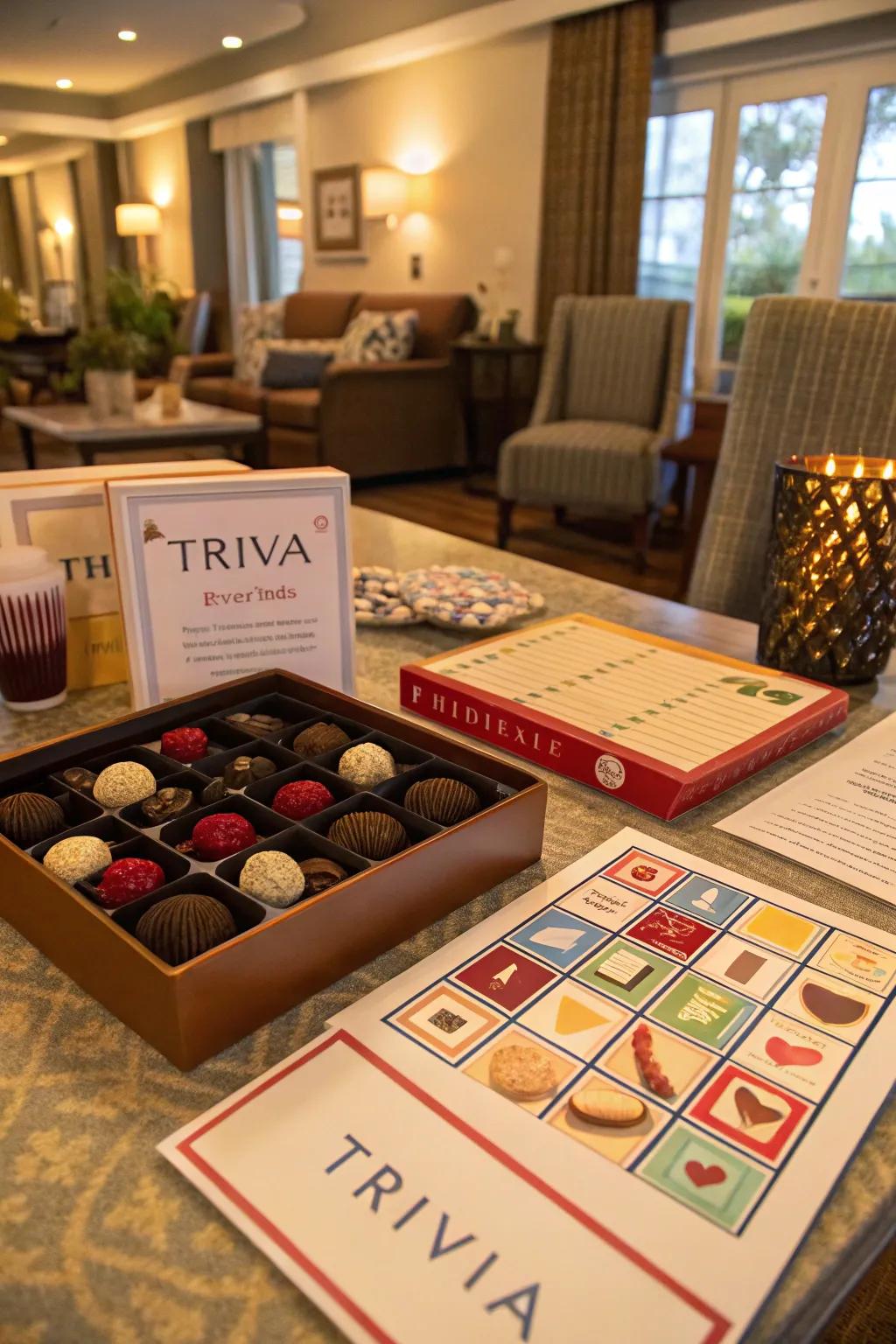 A dynamic chocolate trivia game arrangement to entertain guests.