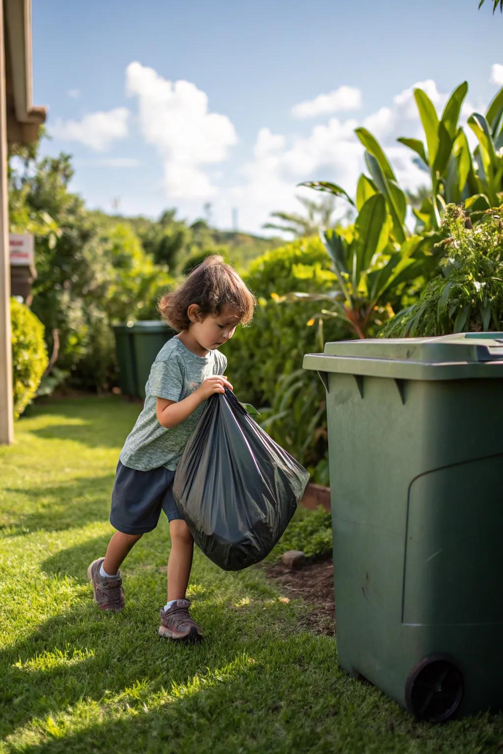 A child takes responsibility for managing waste.