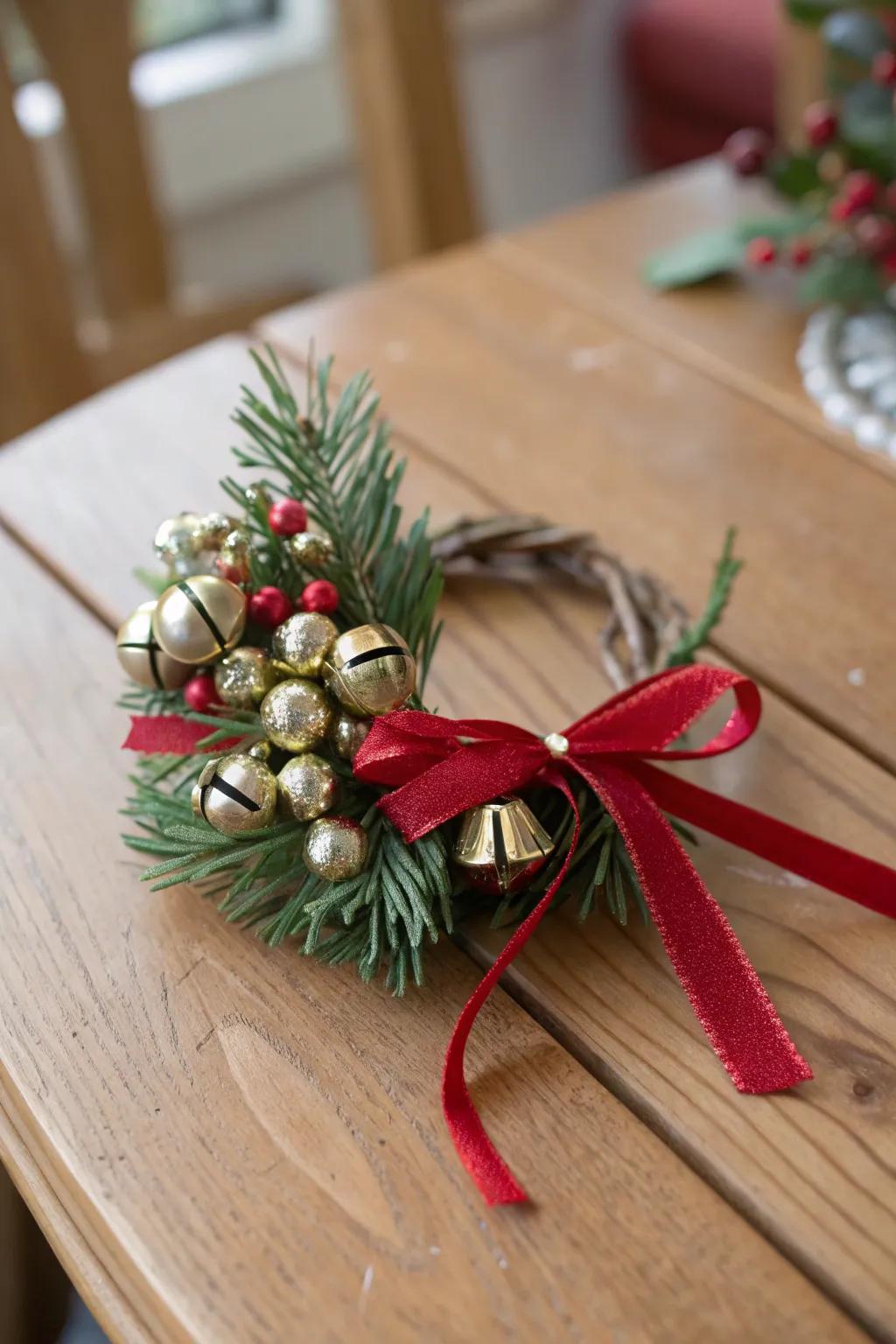 A cheerful Christmas corsage with petite holiday chimes.