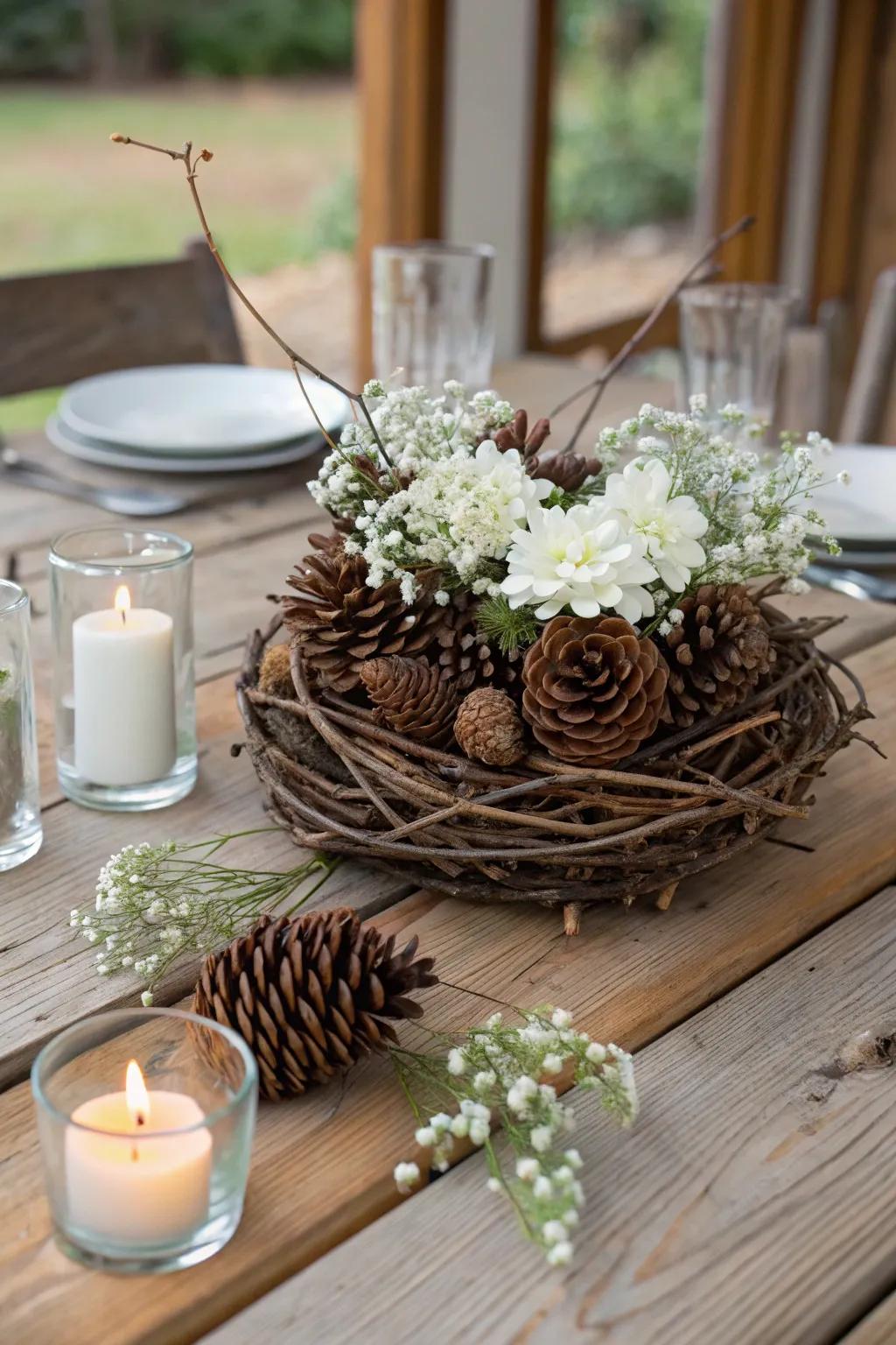 A winter woodland arrangement captures serene natural beauty.