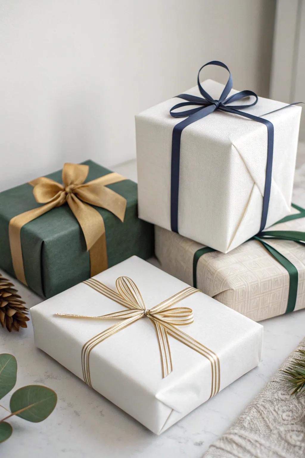 Chic minimalist gifts wrapped with simple sophistication.