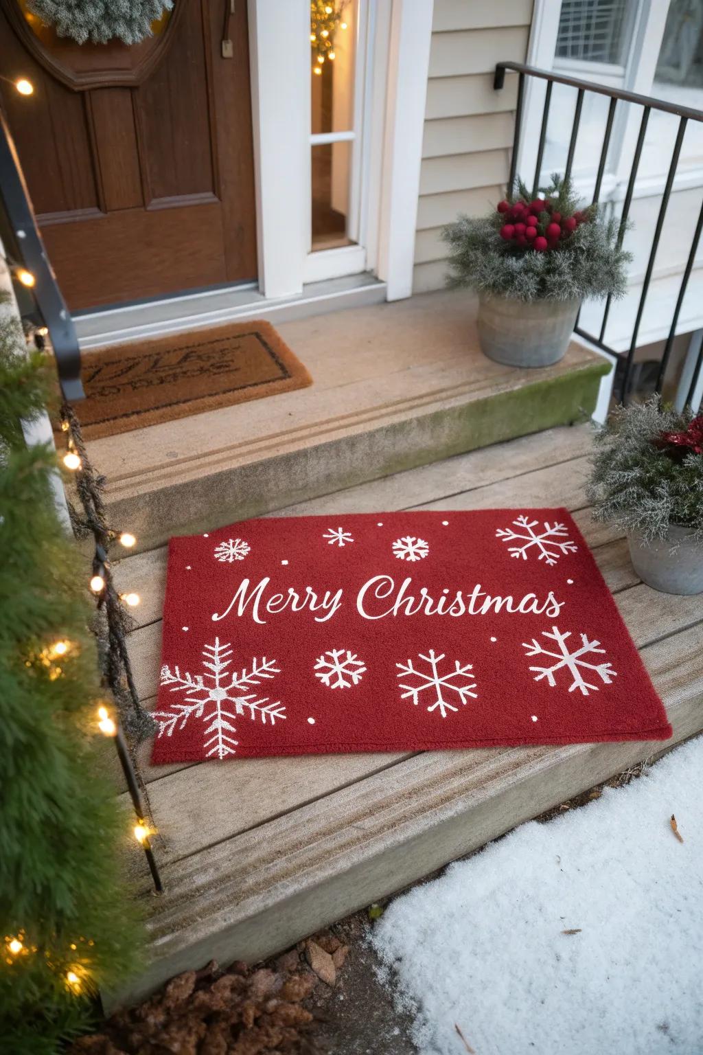 A holiday entry mat presents a cheerful welcome.