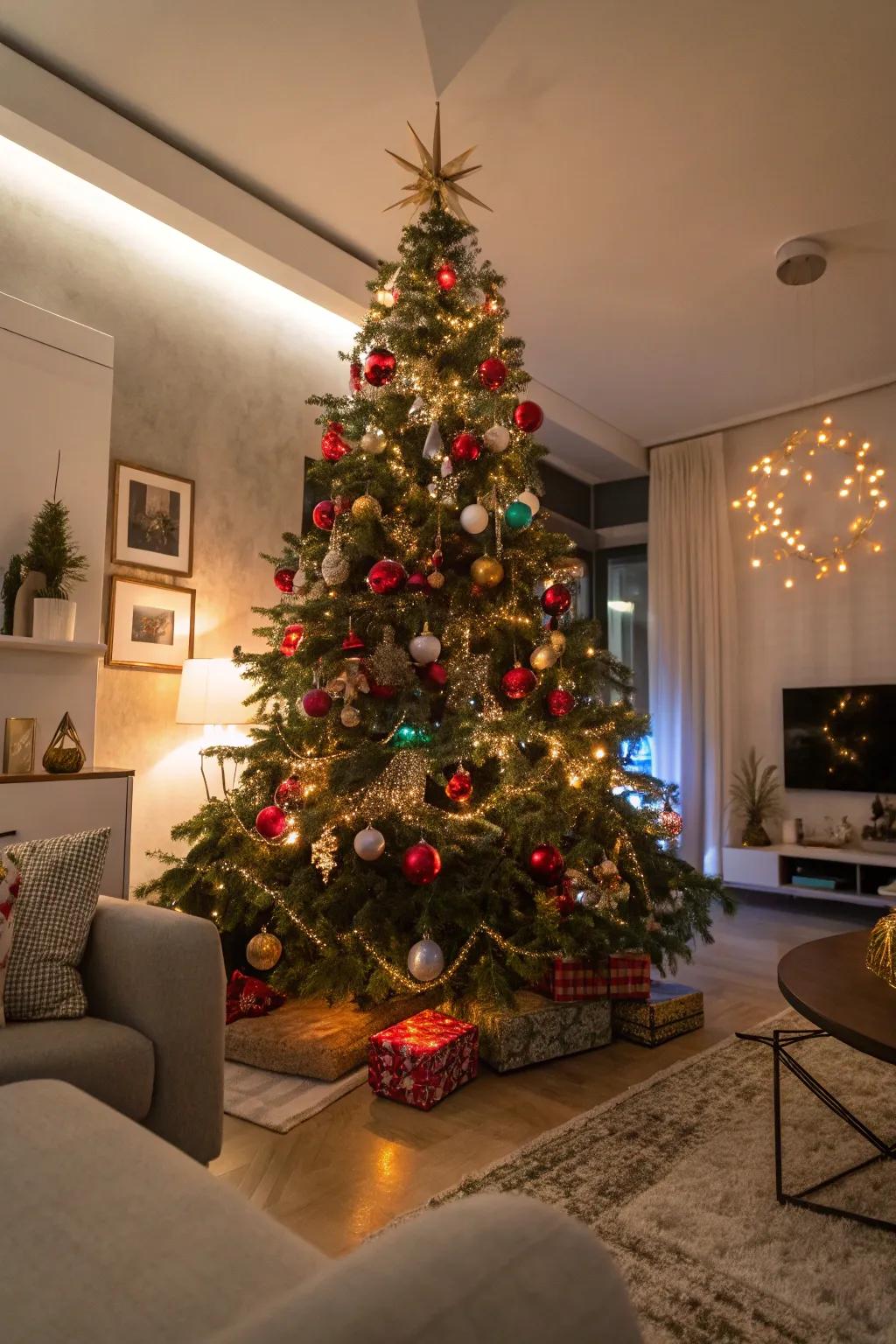 A distinctive Christmas tree adorned with diverse decors and vibrant lights, displaying artistic elegance.