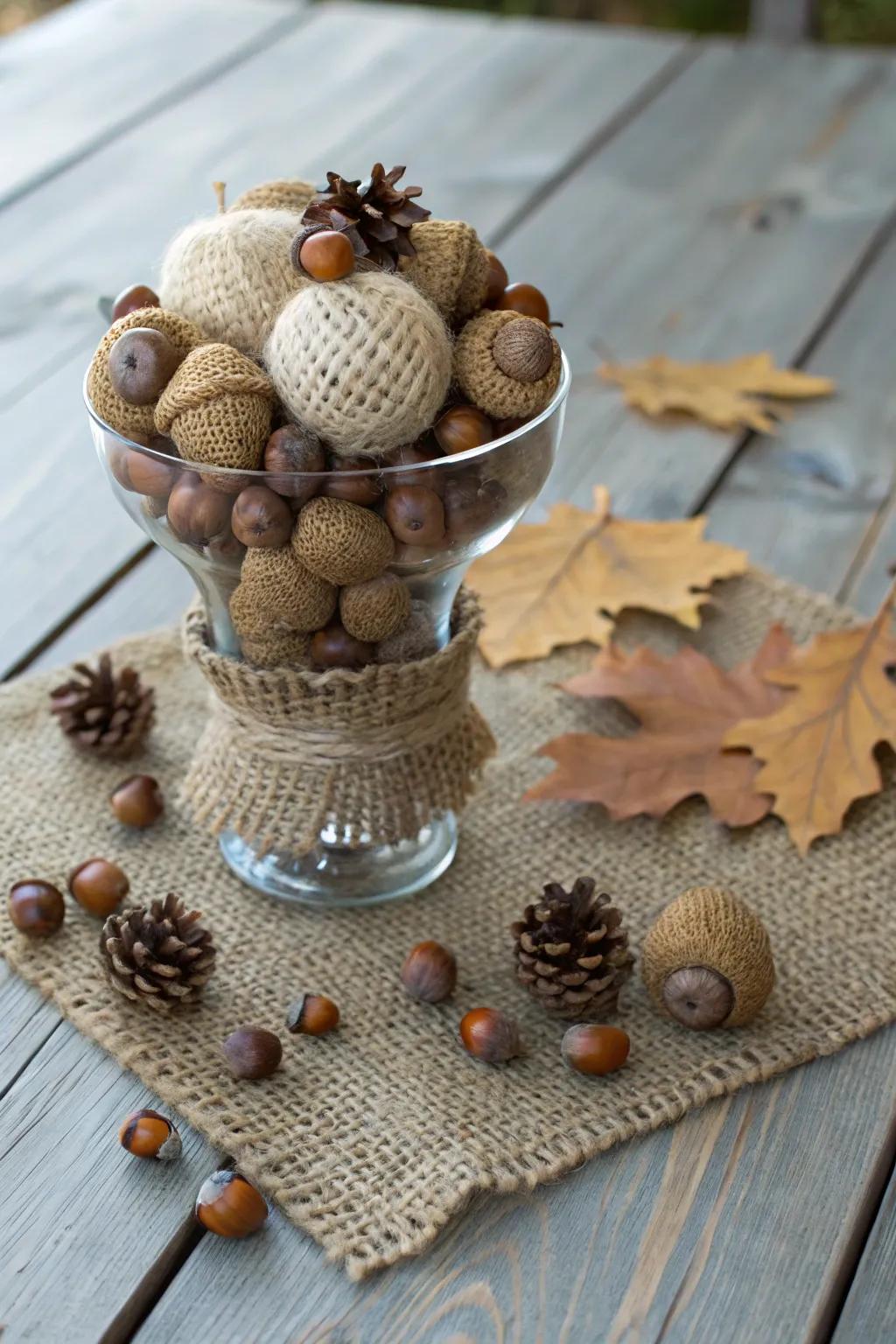 Woodland charm: acorns and sackcloth evoke a rustic holiday display.