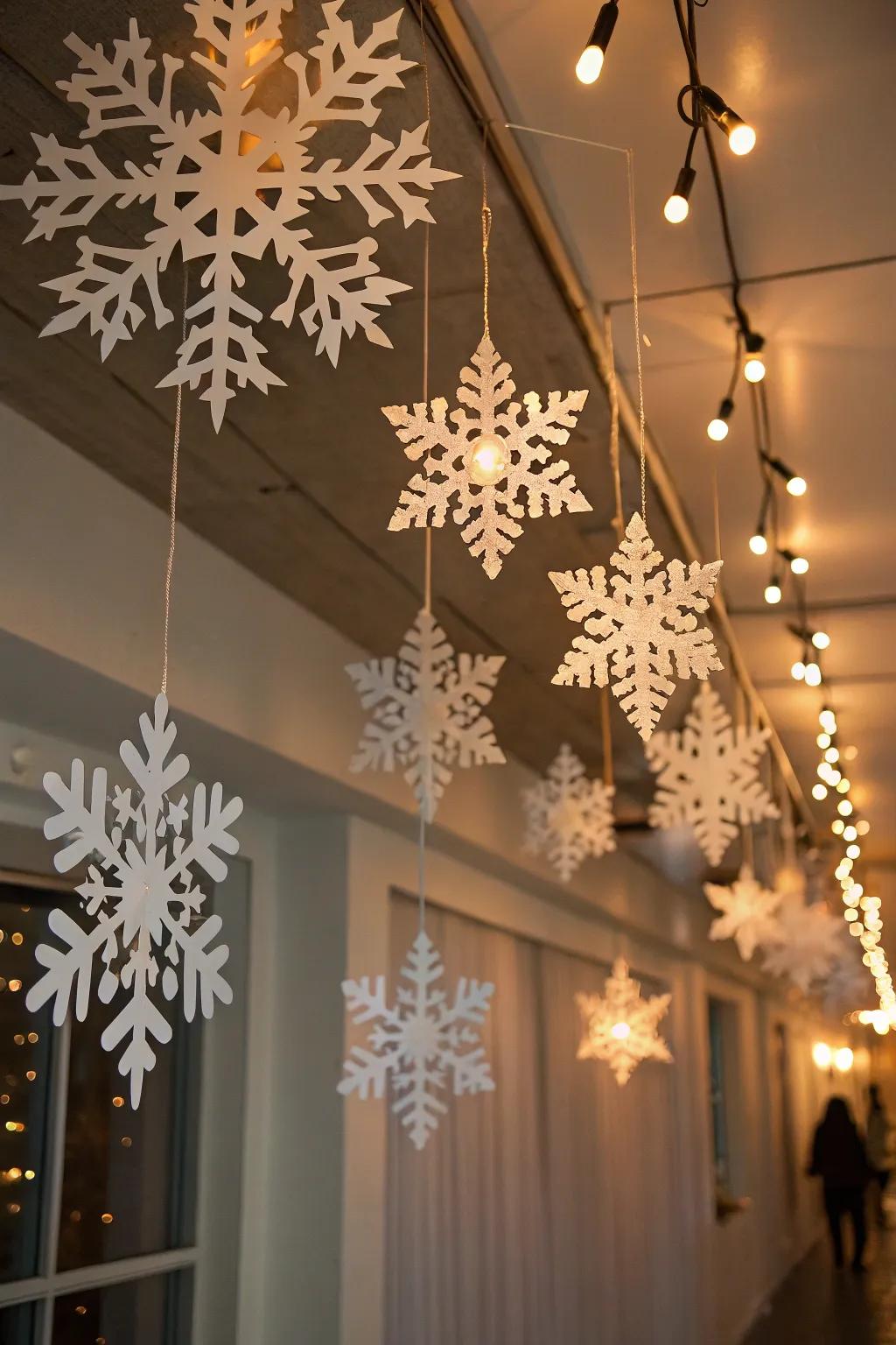 Enchanting paper snow crystals fashion a wintery sensation.