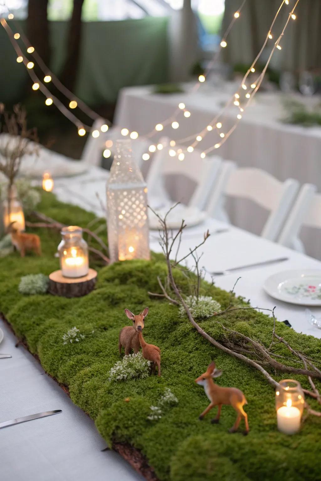An enchanted woodland tabletop scene showcasing moss and twinkling lights.