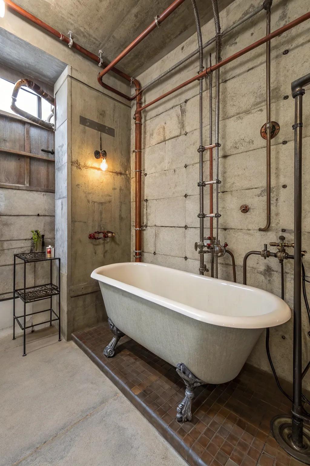A factory bathroom where raw materials meet classic elegance.