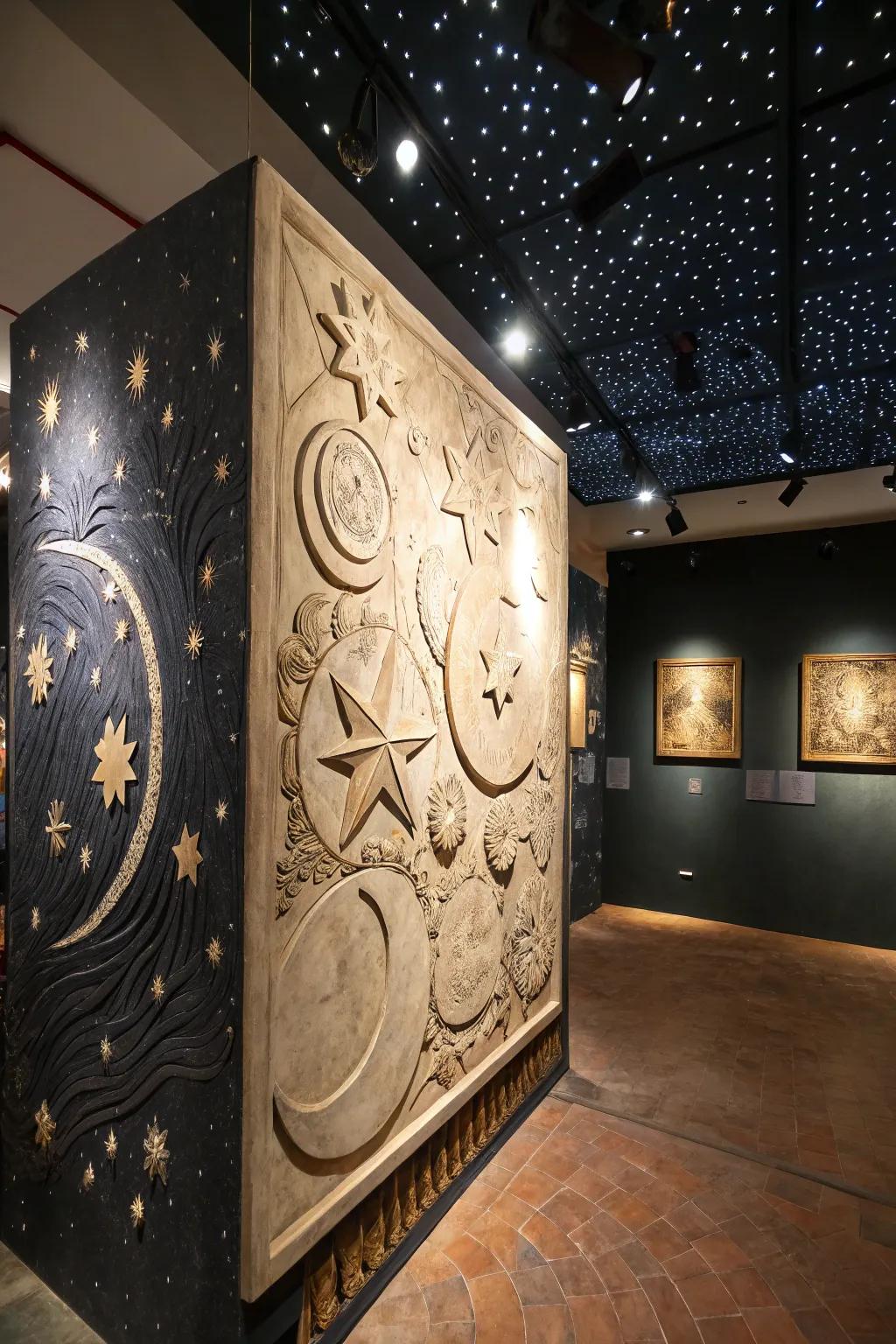 Celestial-inspired clay relief sculpture, capturing the mystery of the universe.