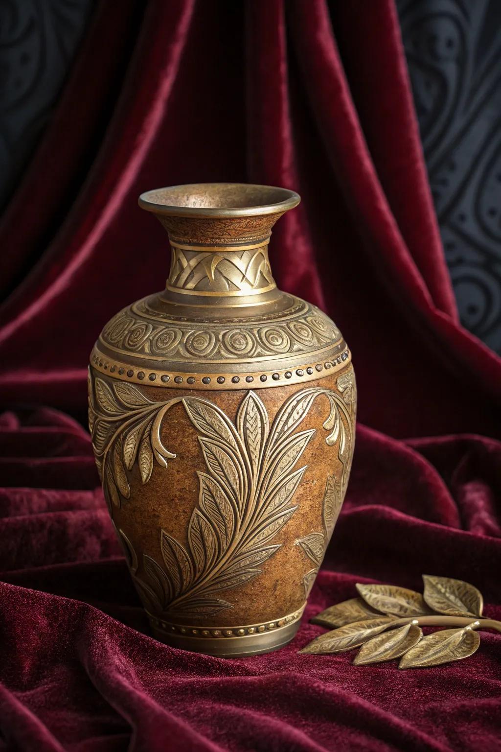 An earthenware container with metallic highlights adding a hint of charm.