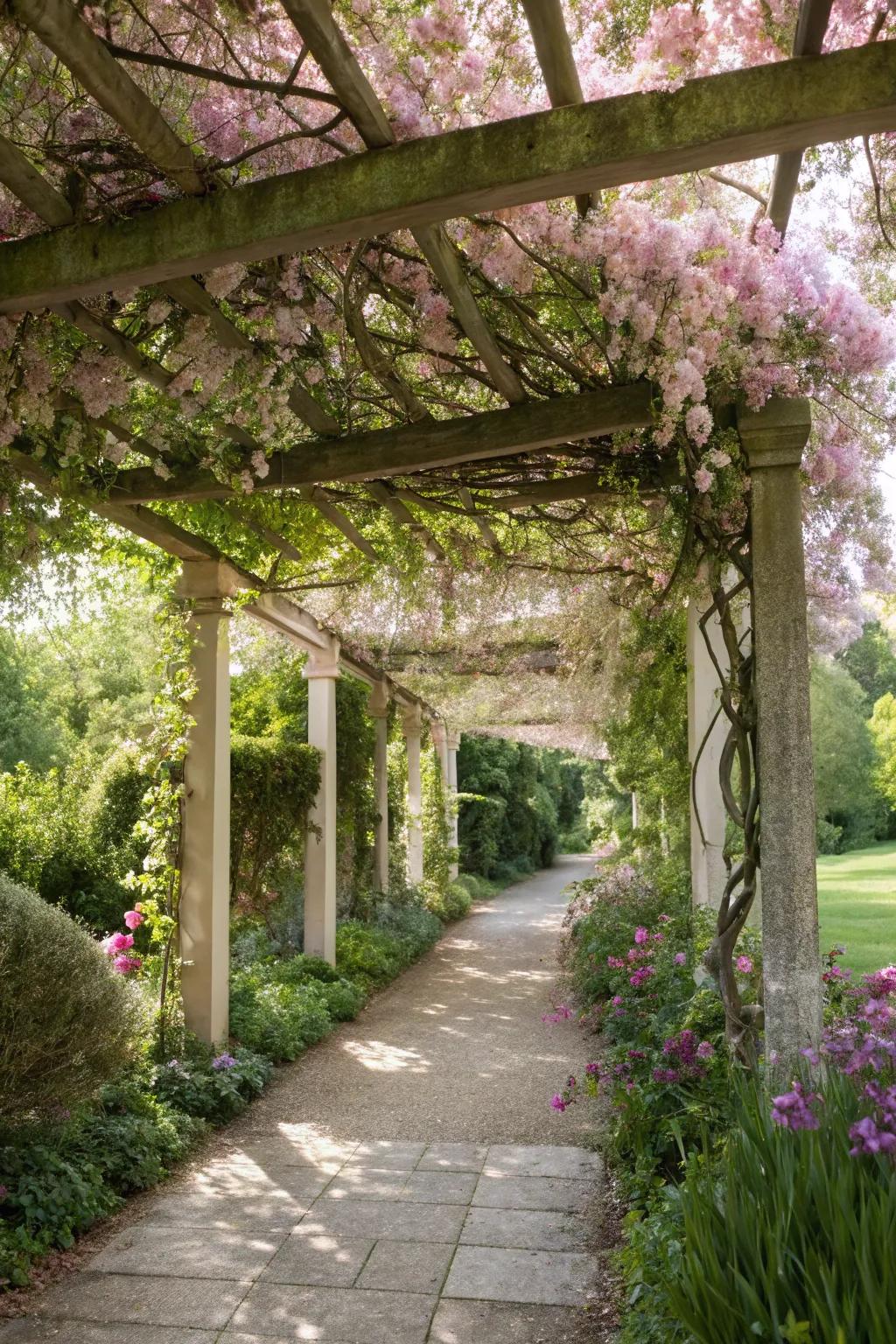 Clematis forms a grand floral roof using a pergola.