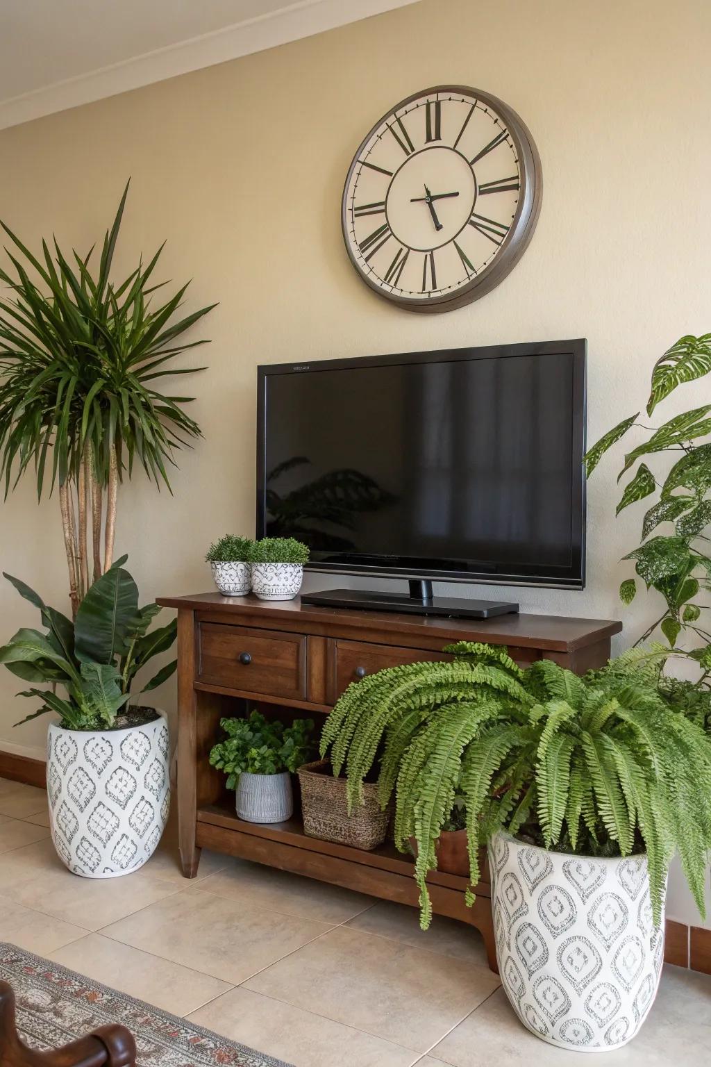 Indoor plants add a refreshing touch to the TV and clock setup.