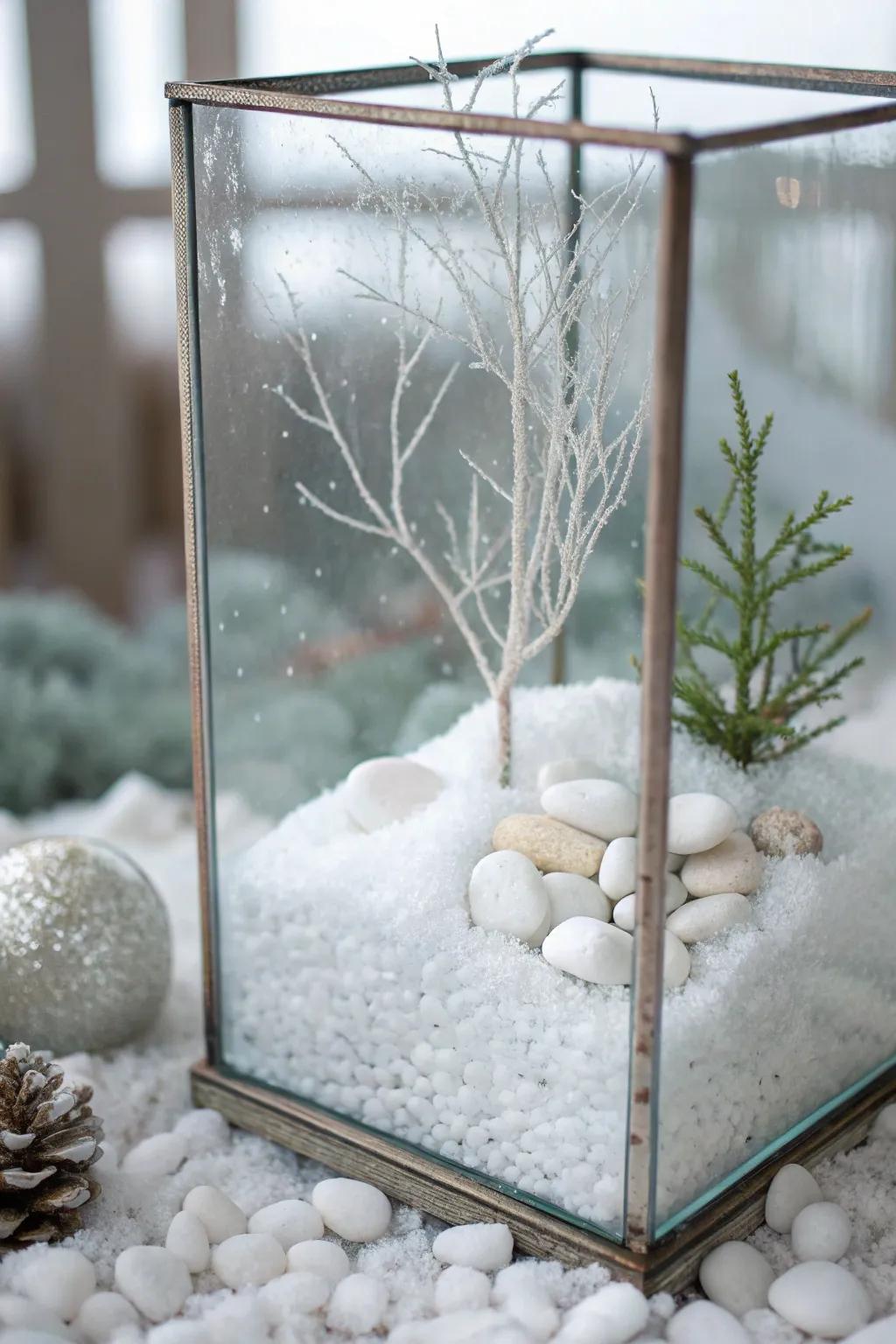 An iced winter landscape terrarium introduces seasonal charm.