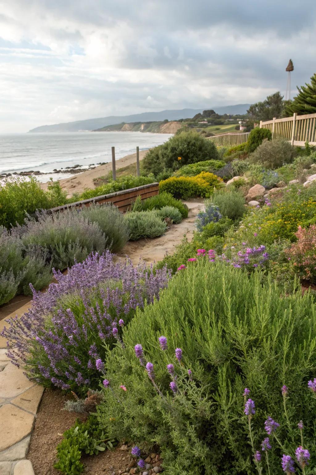 Wind-tolerant plants like lavender prosper in coastal gardens.
