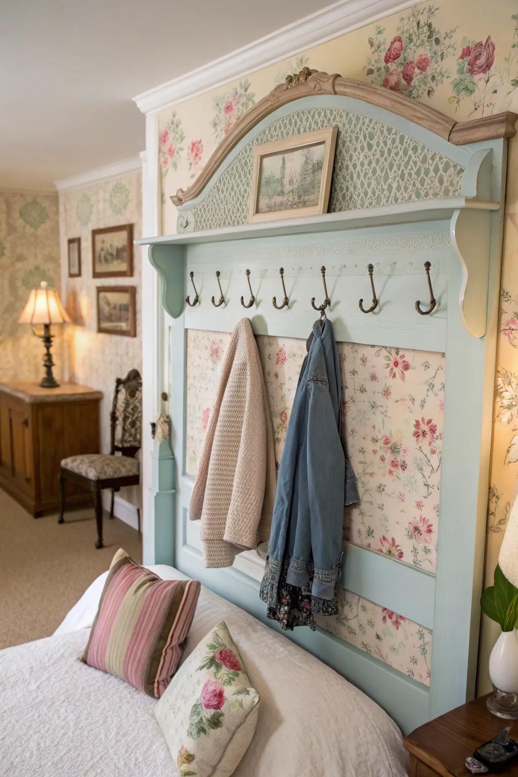 An upcycled headboard now functions as a one-of-a-kind garment hanger in this vintage-inspired area.