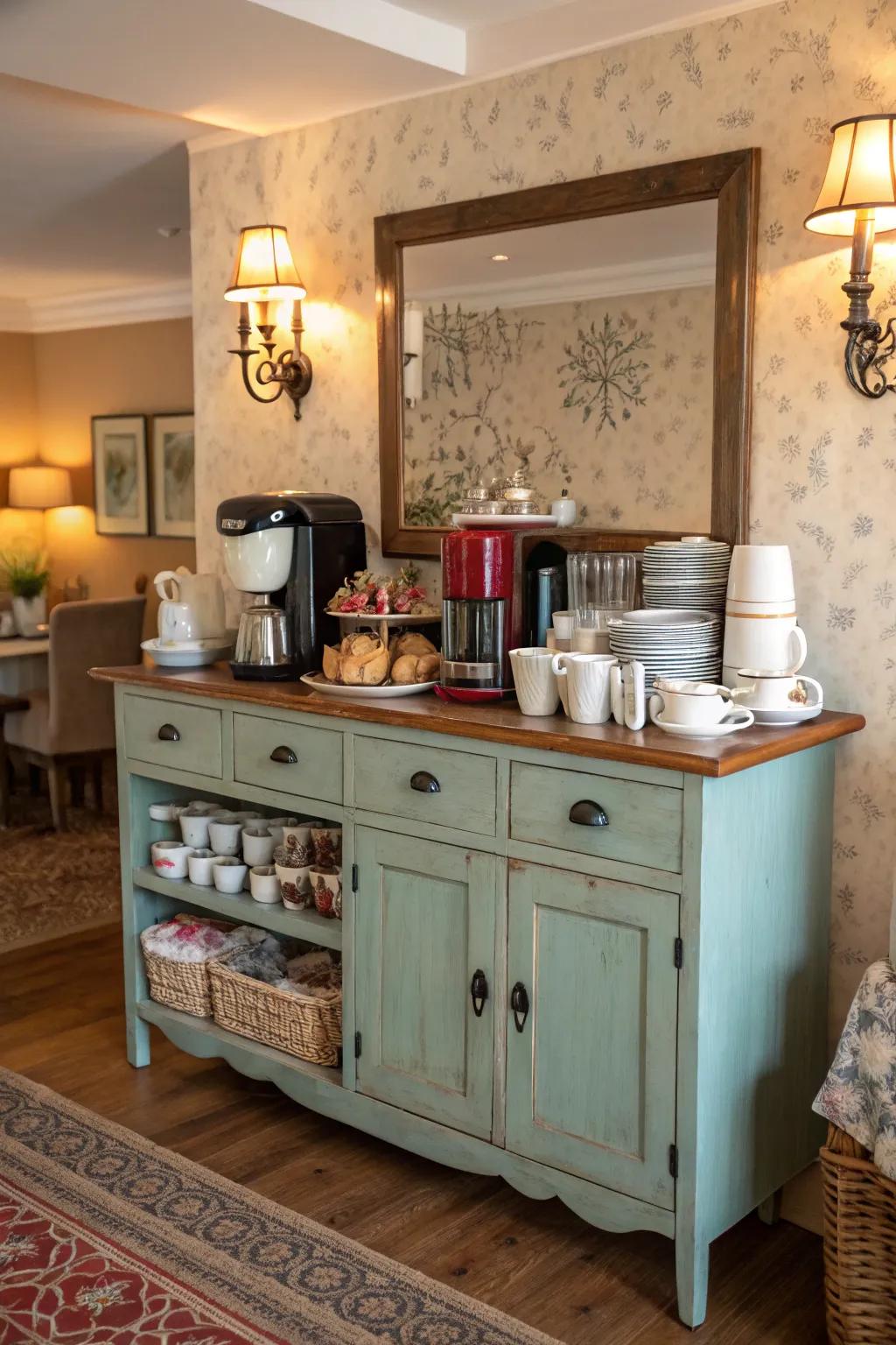 Repurposed old furniture adds character and charm to your coffee and tea station.