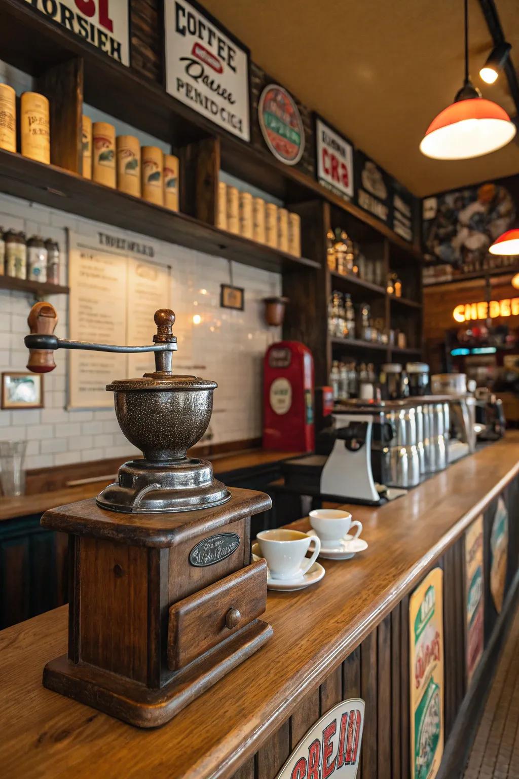 Vintage elements introduce charm and nostalgia to your coffee corner.