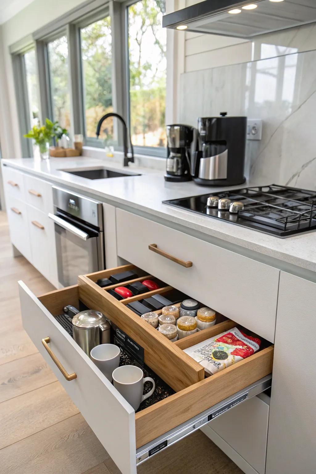 A slide-out shelf provides extra area when needed.