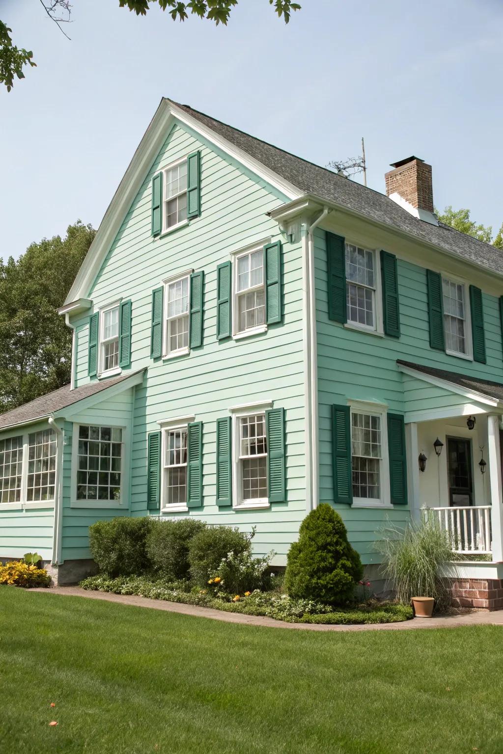 A colonial house with a fresh twist, featuring mint siding and forest green window coverings.