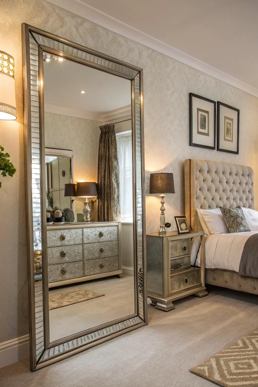 Surfaces that reflect bring light and a touch of elegance to this bedroom.