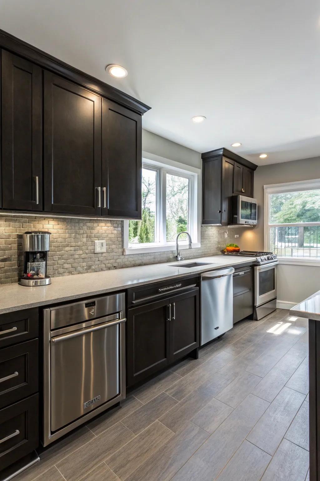 Dark cabinets paired with stainless steel appliances for a modern kitchen look.