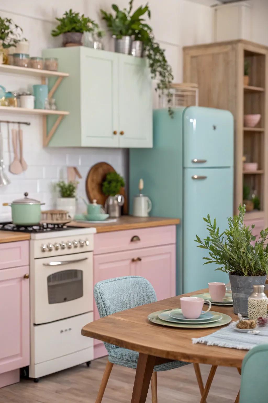 Soft hues establish a soothing and lively kitchen atmosphere.