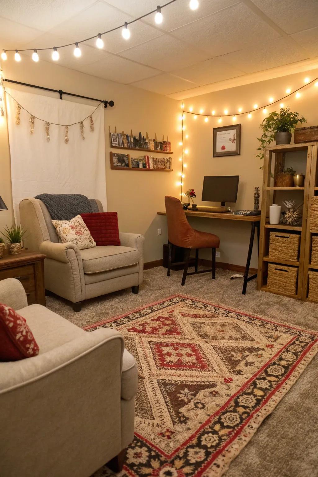 An inviting computer room warmed by a stylish rug.