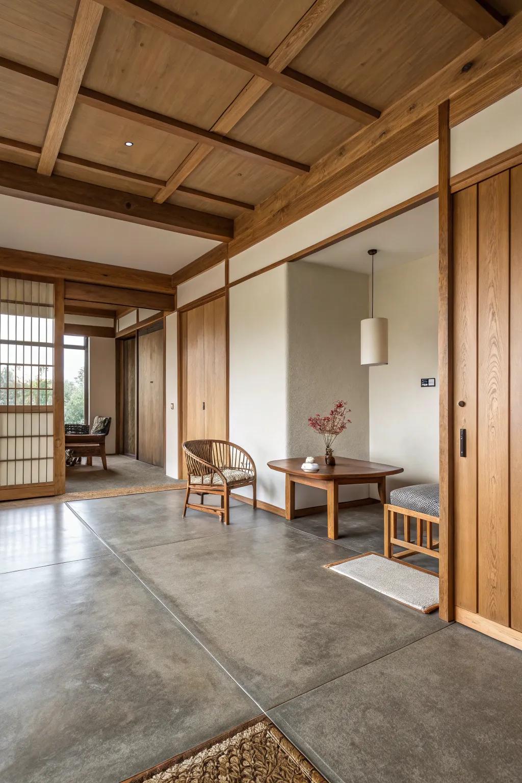 Earth-toned concrete floors add warmth to a minimalist space.
