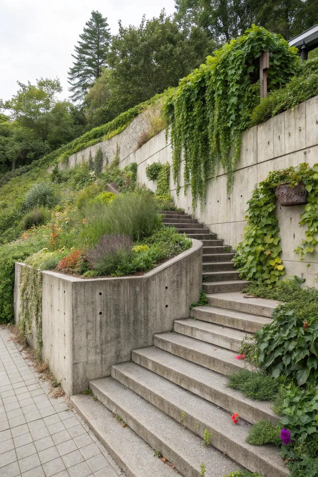 Integrated steps provide style and function to retaining walls.