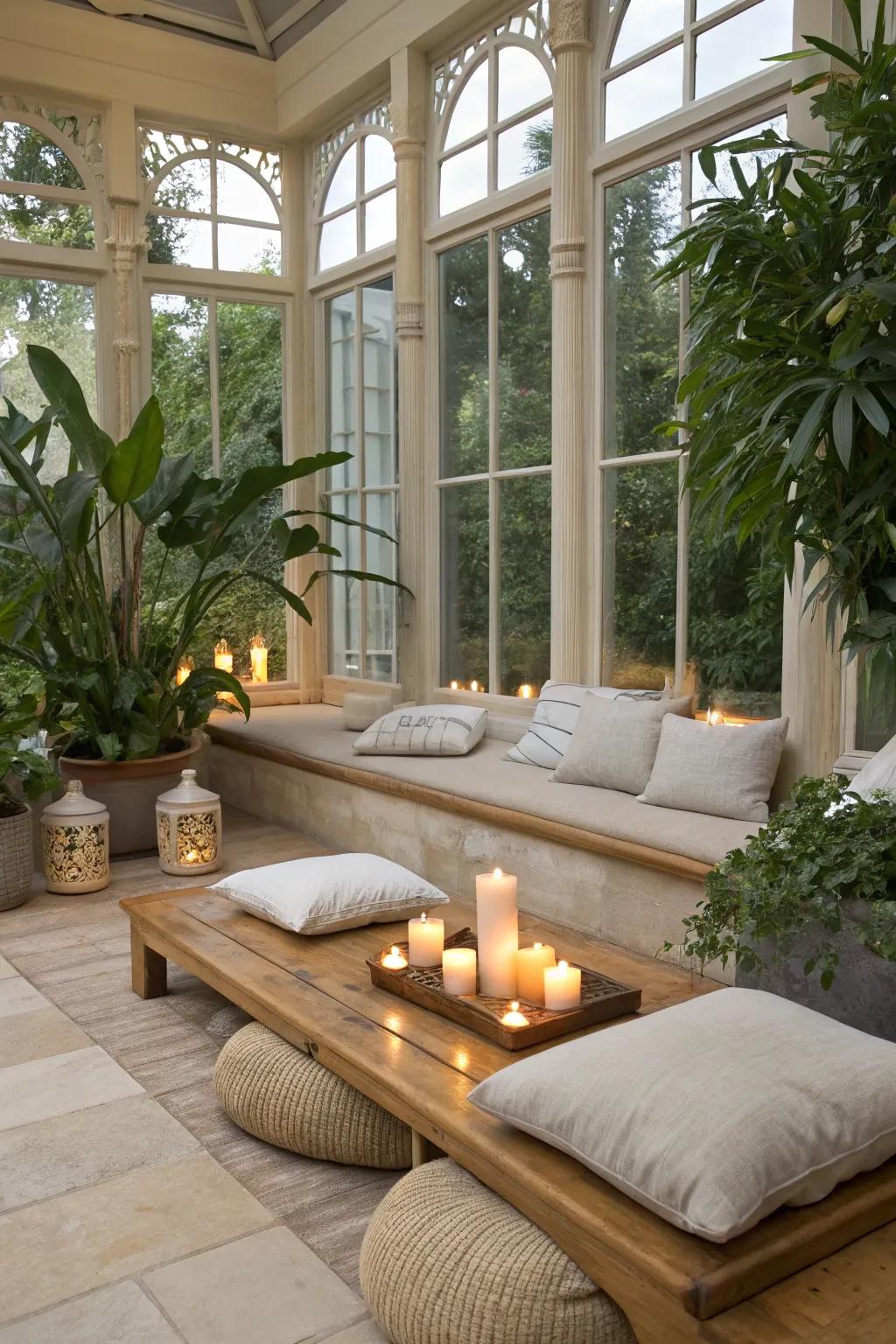 A tranquil contemplation space in a conservatory.