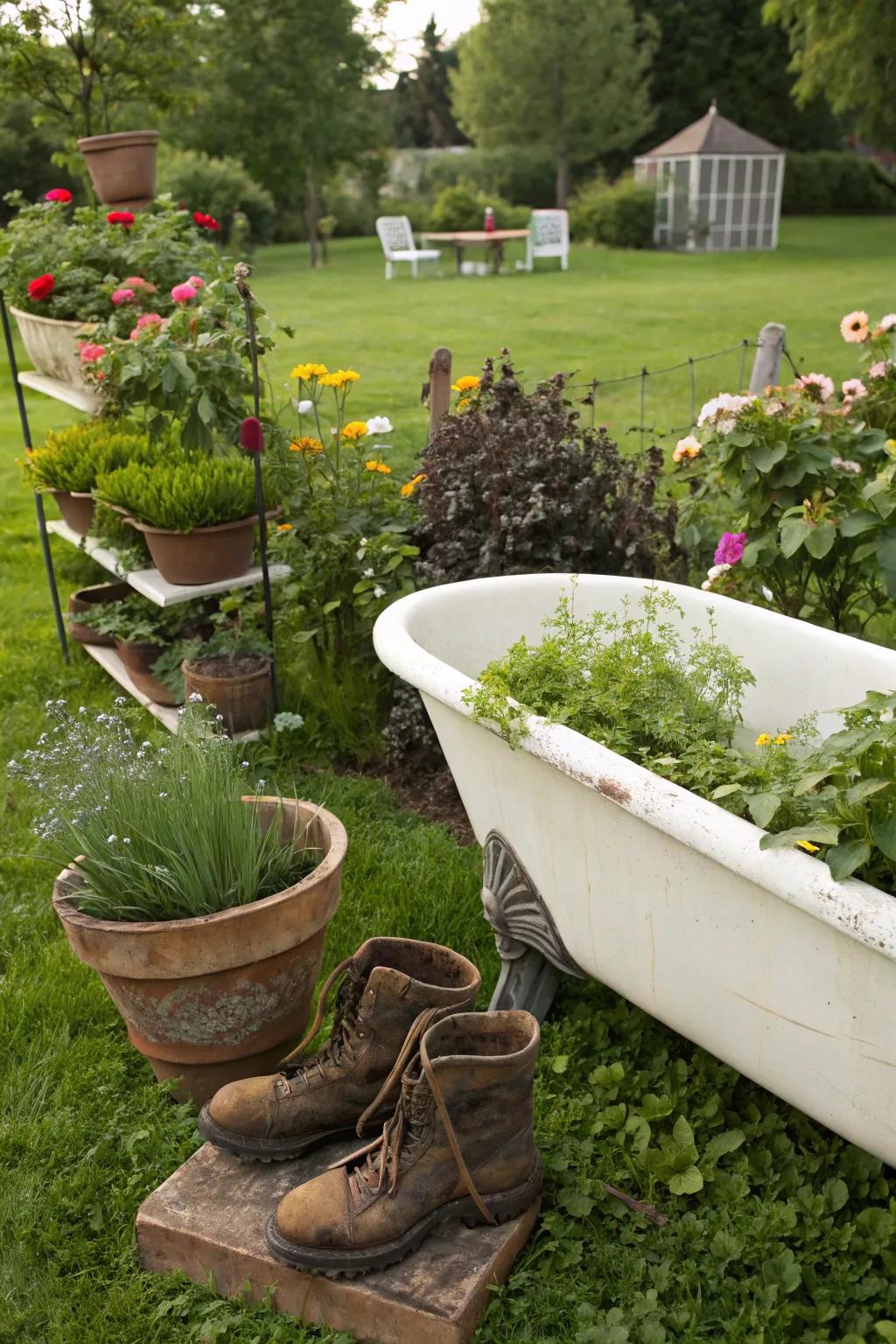 Playful garden employing repurposed objects as containers.