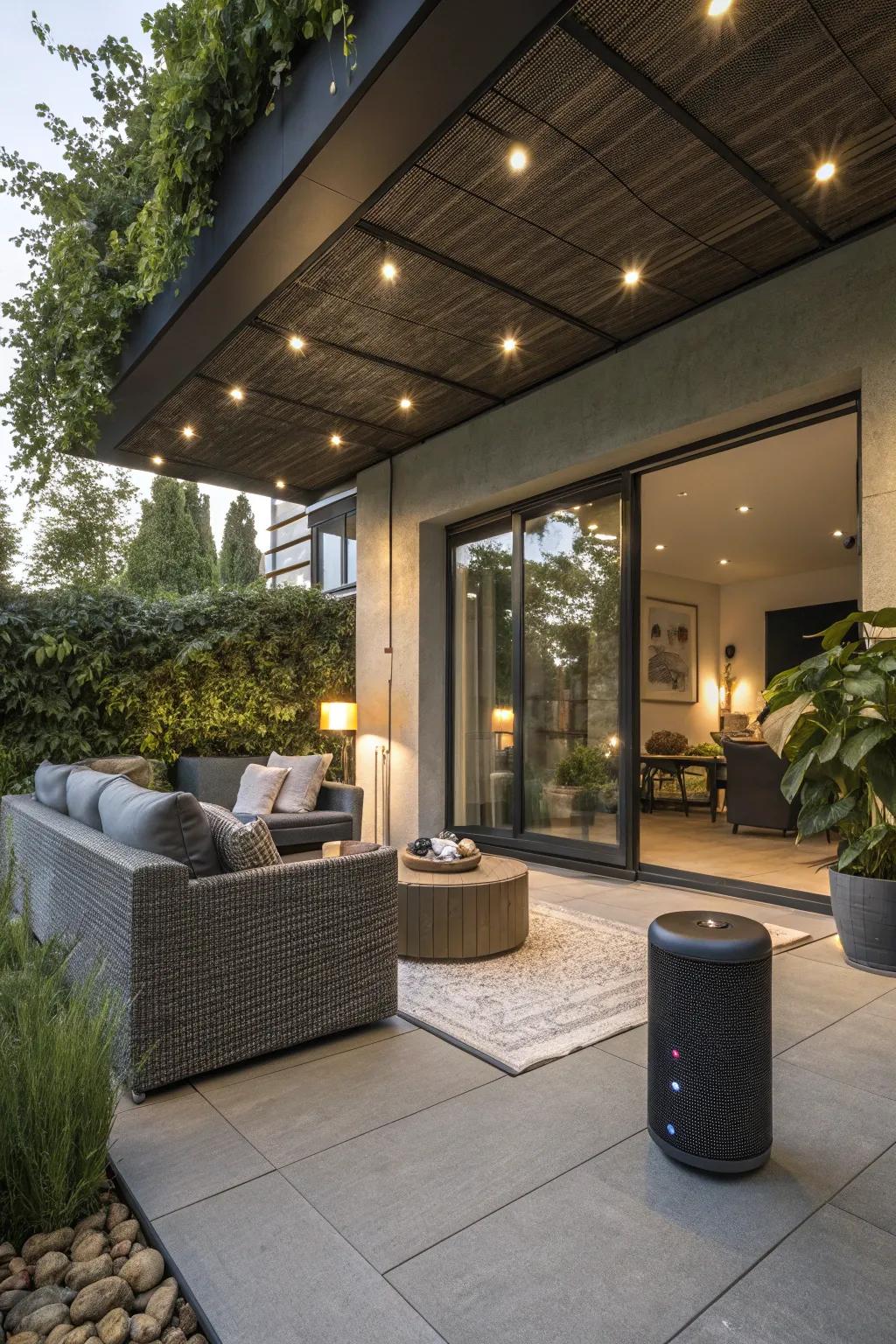 A high-tech patio featuring smart lighting and sound features.