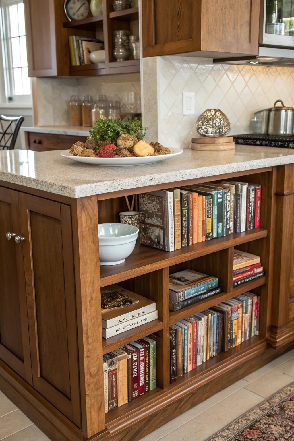 A counter-height bookcase blends seamlessly into kitchen decor.