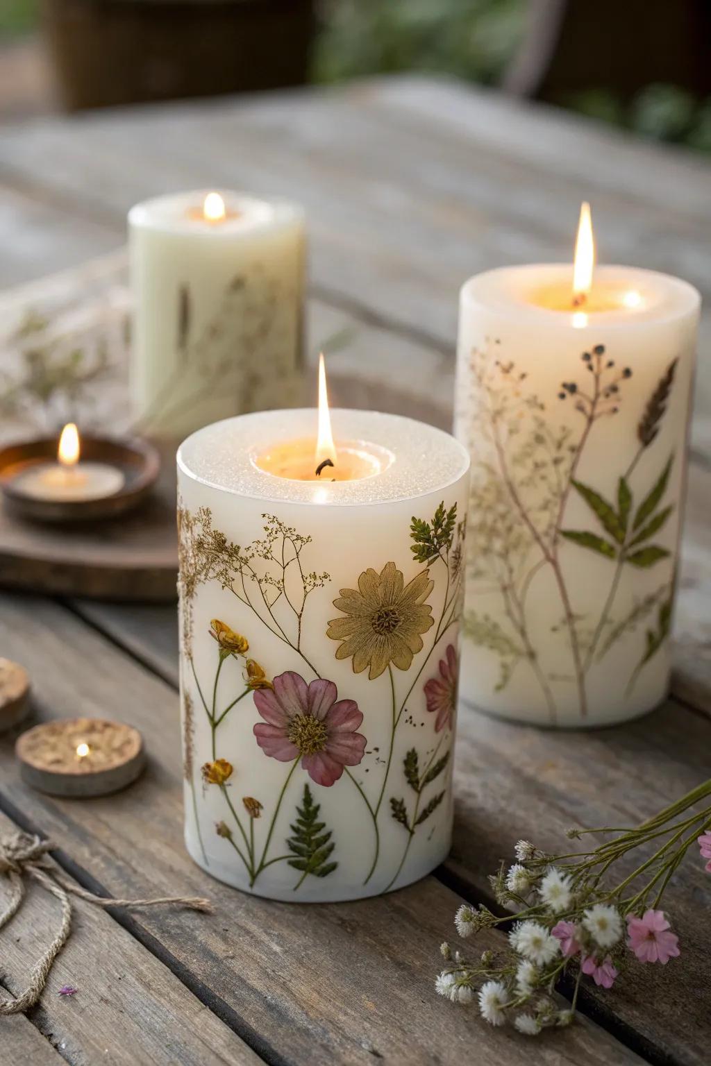 Pressed flower candles capture natural beauty.