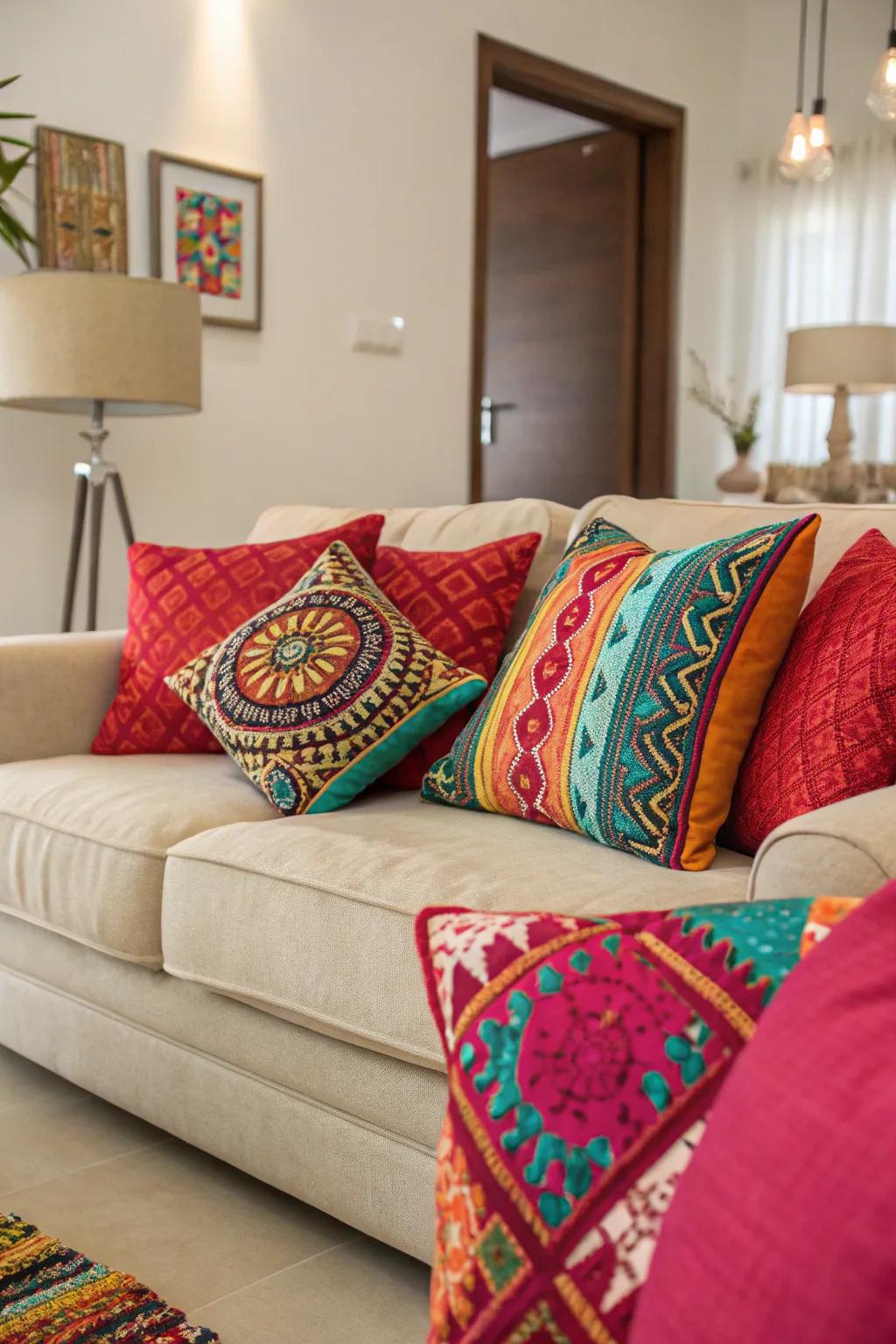 Striking covers add a pop of color and character to this neutral living room.