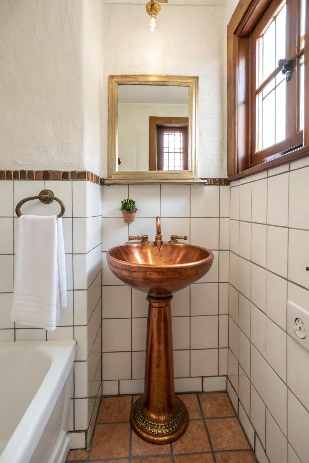 A bronze stand basin adds a touch of drama and style to this compact bathroom.