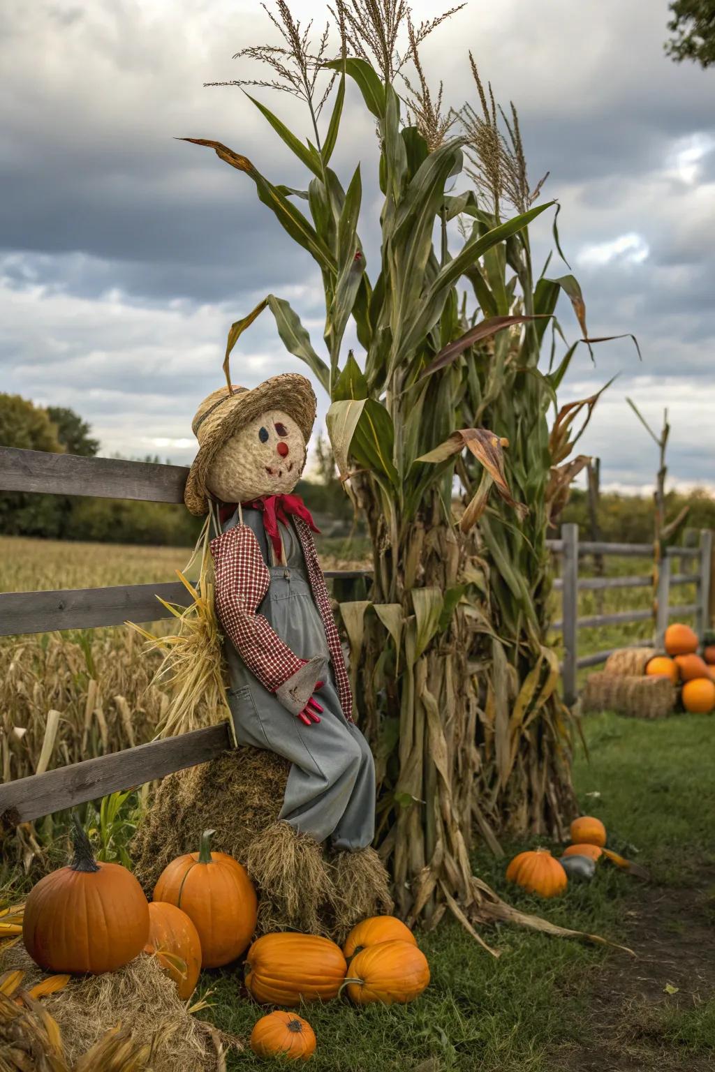 Incorporate a hint of whimsy using a scarecrow amongst dried corn stalks.