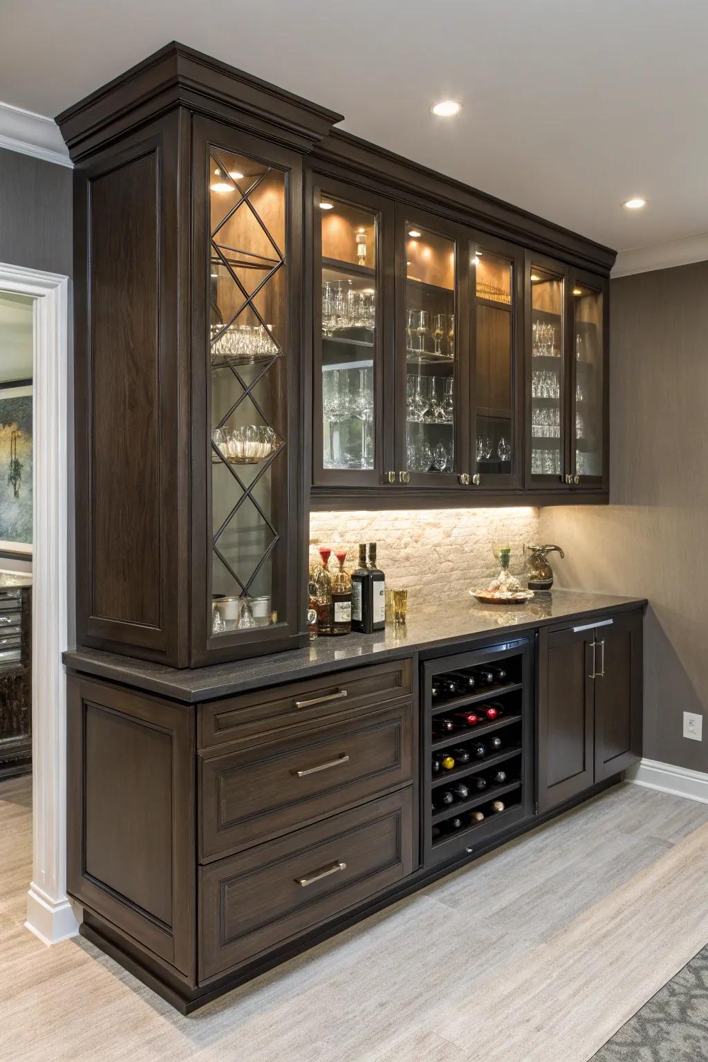 Smart storage solutions maintain an organized bar.