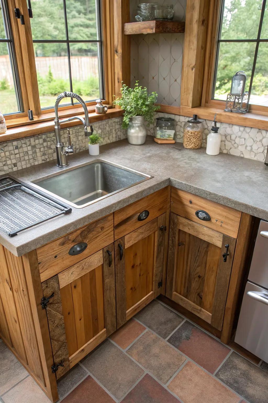 An eclectic mix of materials around a corner sink, showing off unique kitchen design.