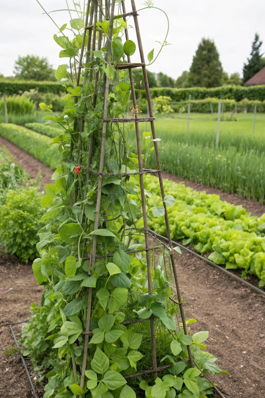 An edible garden trellis presenting beans and peas.